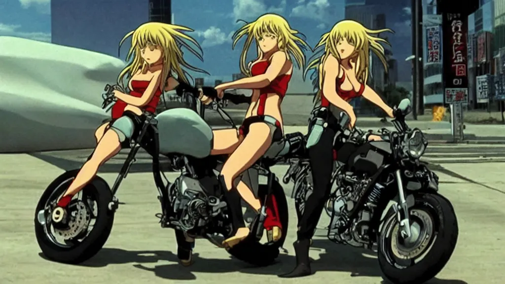 Lexica - Man on a futuristic motorcycle in anime akira style in a cyberpunk  city, motorcycle with three headlights, retro anime