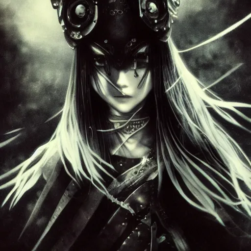 Image similar to Yoshitaka Amano blurred and dreamy illustration of an anime girl with pirate eye patch, wavy white hair and cracks on her face wearing Elden ring armour with the cape fluttering in the wind, abstract black and white patterns on the background, noisy film grain effect, highly detailed, Renaissance oil painting, weird portrait angle