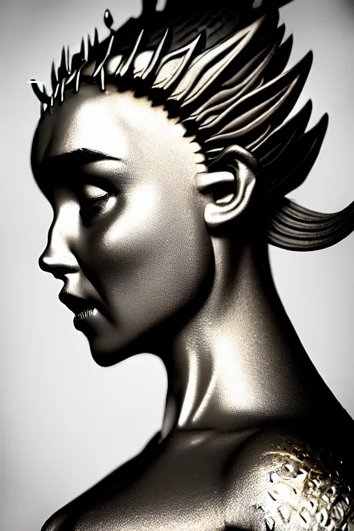 Image similar to bw contrasted close - up profile face, black background, daenerys targaryen - dragon - cyborg - female, 1 5 0 mm, beautiful natural soft rim light, silver gold details, magnolia leaves and stems, roots, mandelbot fractal, elegant, ultra detailed, white metallic armour, octane render, h. r. giger style