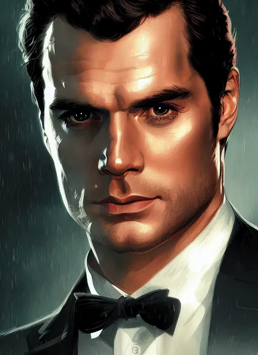 Image similar to portrait of henry cavill as james bond, casino, raining poker, key art, highly detailed, digital painting, artstation, concept art, cinematic lighting, sharp focus, illustration, art by artgerm and greg rutkowski and alphonse mucha