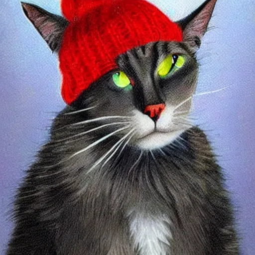 Prompt: A cat with red eyes smoking weed and wearing a beanie, photorealistic art