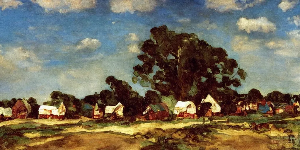 Prompt: Detailed painting of gingerbread Campground cottages in Oak Bluffs, by Eugène Delacroix