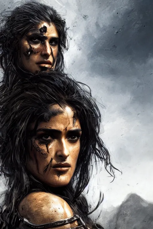 Prompt: portrait, Salma Hayek , barbarian , dressed in tattered black leather , face portrait, raphael lacoste, eddie mendoza, alex ross, concept art, matte painting, highly detailed, rule of thirds, dynamic lighting, cinematic, detailed, denoised, centred