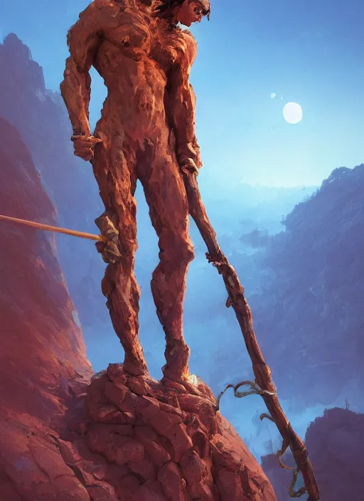 Prompt: ( a human made of rock holding a staff, sunset on top of a mountain, front game card. marvel comics, light, intricate, highly detailed, smooth, artstation, digital illustration by ruan jia and mandy jurgens and artgerm and wayne barlowe and greg rutkowski and zdislav beksinski