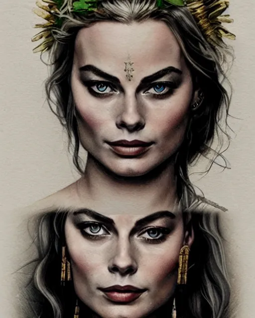 Image similar to realism tattoo sketch of margot robbie as a beautiful greek goddess aphrodite with piercing eyes wearing a laurel wreath and triangle earrings, in the style of greg rutkowski, amazing detail