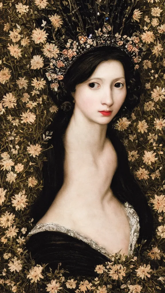 Prompt: a closeup portrait of a beautiful black haired woman with pale skin and a crown on her head sitted on an intricate metal throne, in an infinite landscape of flowers, photograph by caravaggio, canon eos c 3 0 0, ƒ 1. 8, 3 5 mm, 8 k, medium - format print