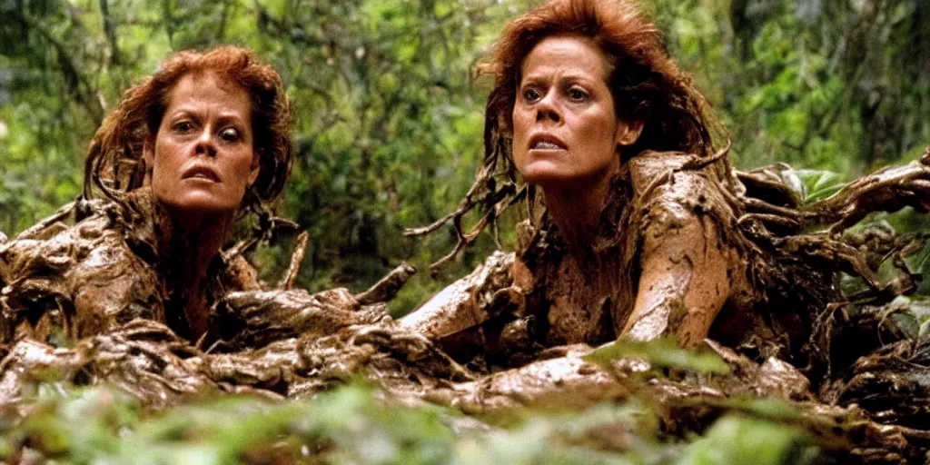 Image similar to film still of a mud - covered sigourney weaver as major dutch hiding behind a rock from the predator in predator 1 9 8 7, hd, 8 k