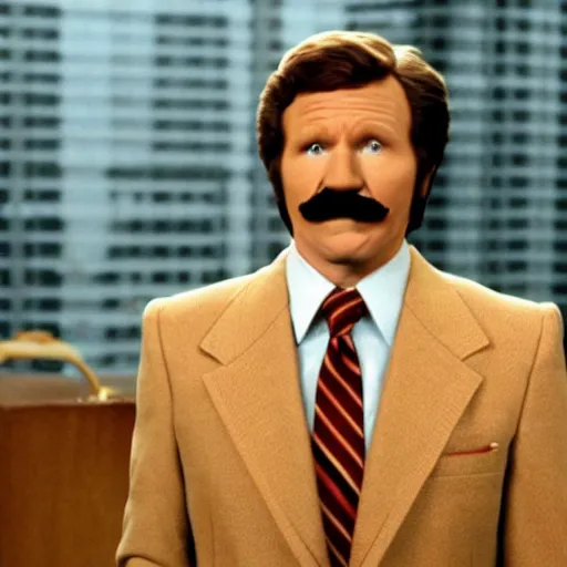 Image similar to a movie still of Alex Trebeck as Ron Burgundy in the movie Anchorman