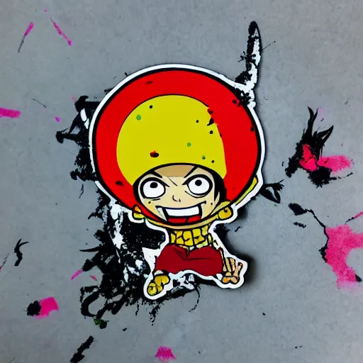 Image similar to die cut sticker, luffy is joyboy, splatter paint on paper