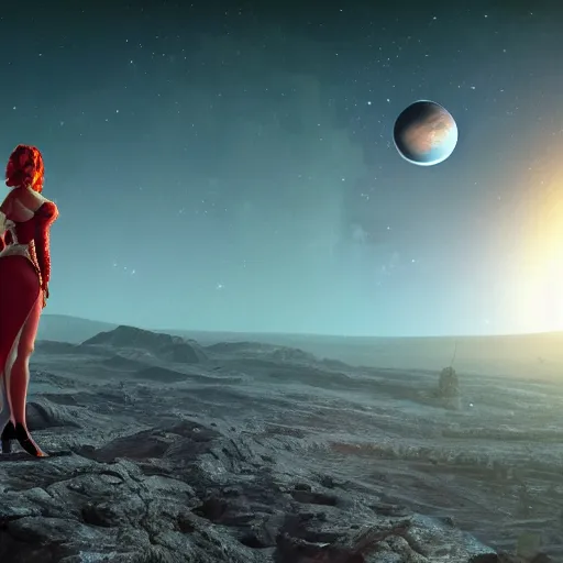 Prompt: a highly detailed matte painting of christina hendricks as a red haired martian princess, standing on the moon titan and looking at jupiter, viewed in profile, crackling green lightning, ultrawide lens, art by artgerm and greg rutkowski and alphonse mucha, volumetric lighting, octane render, 4 k resolution, trending on artstation, masterpiece