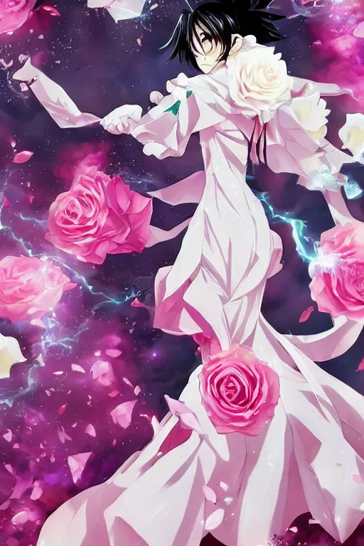 Prompt: anime still, magic invisible blades slicing through a bouquet of white and pink roses, flowers exploding and spraying, big puffy clouds, large rose petals, lotus petals, large polygonal background elements, large polygons, dramatic anime, dramatic lighting, artgerm, manga, trending on artstation, art nouveau, mature colors