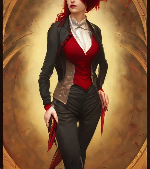 Image similar to a female vampire a golden waistcoat, red shirt, grey hair, red necktie, cinematic, stunning, highly detailed, digital painting, artstation, smooth, hard focus, full body shot, illustration, art by artgerm and greg rutkowski and alphonse mucha