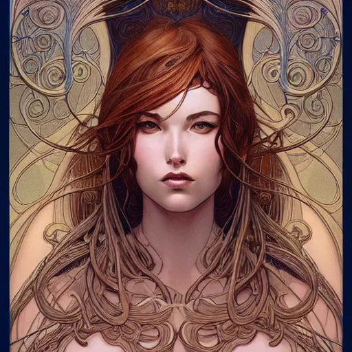 Prompt: a beautiful detailed front view portrait of a woman with ornate growing around, ornamentation, artgerm, joshua middleton comic cover art,