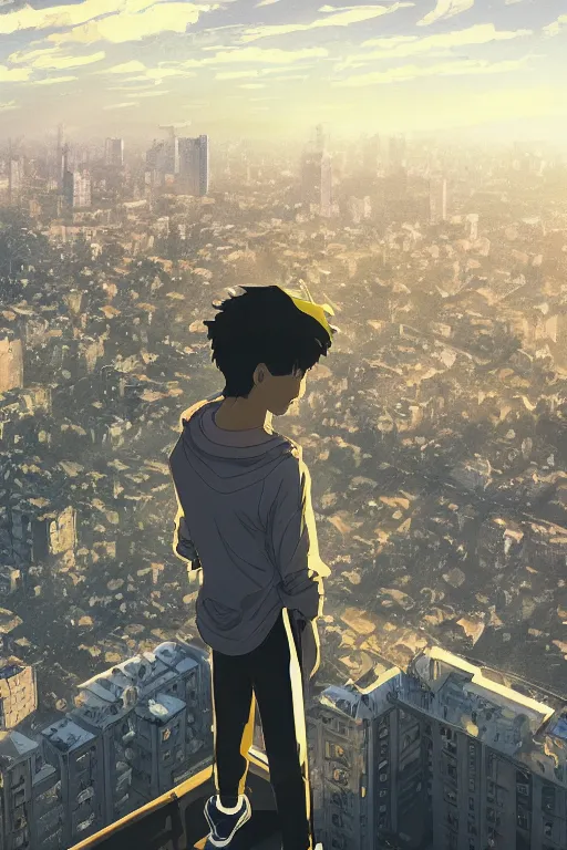 Prompt: depressed boy in black adidas sportswear looking atop of a urban plateau filled with detailed soviet apartment buildings, golden hour, dreamy, beautiful clouds, ultra detailed beautiful lighting, birds, light rays, wallpaper, suburbs, beautiful artwork by Makoto Shinkai