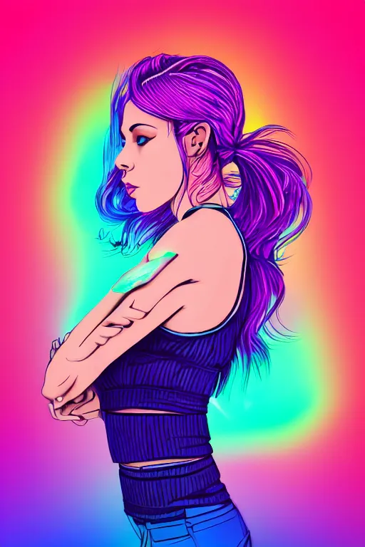 Image similar to a award winning half body portrait of a beautiful woman in a croptop and cargo pants with ombre purple pink teal hairstyle surrounded by whirling illuminated lines, outrun, vaporware, shaded flat illustration, digital art, trending on artstation, highly detailed, fine detail, intricate