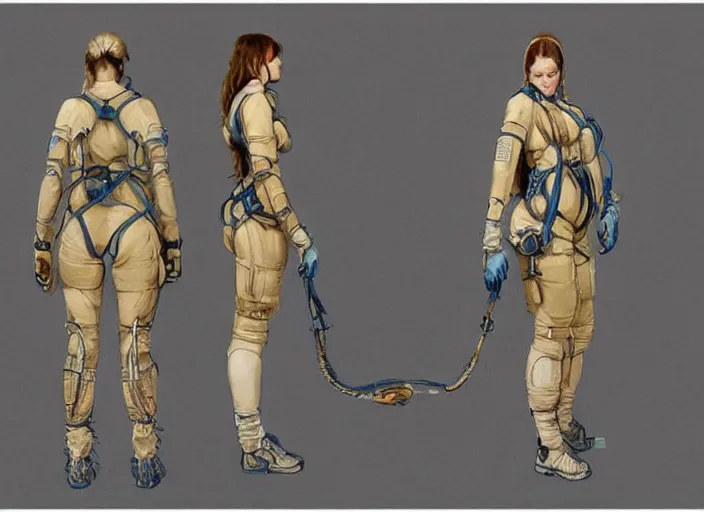 Image similar to front and back character view of a woman in scientist's jacket with a system of straps and pouches for collecting material by Donato Giancola, Trending on artstation and pixiv clean concept art and sheet