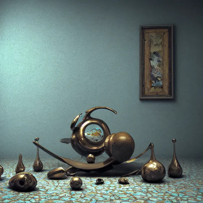 Image similar to random objects in a surreal environment by salvador dali, highly detailed, 3 d render, vray, octane, realistic lighting, photorealistic