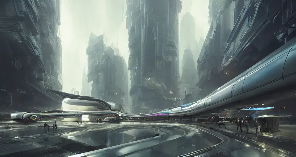 Prompt: The Futuristic Society by Greg Rutkowski, bustling streets, hovering hyperloop trains, inspired by Stephan Martiniere and Bjarke Ingels, fantasy, digital art, professional illustration, realistic, ultra detailed, atmospheric, cinematic lighting, movie concept art, hyper detailed, insanely detailed, corona render, octane render, colorful redshift render, 8k