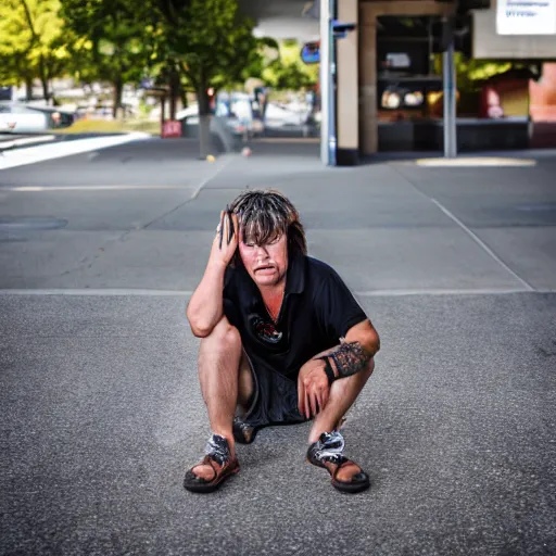 Image similar to A bogan with a mullet haircut waiting for the bus, Canon EOS R3, f/1.4, ISO 200, 1/160s, 8K, RAW, unedited, symmetrical balance, in-frame