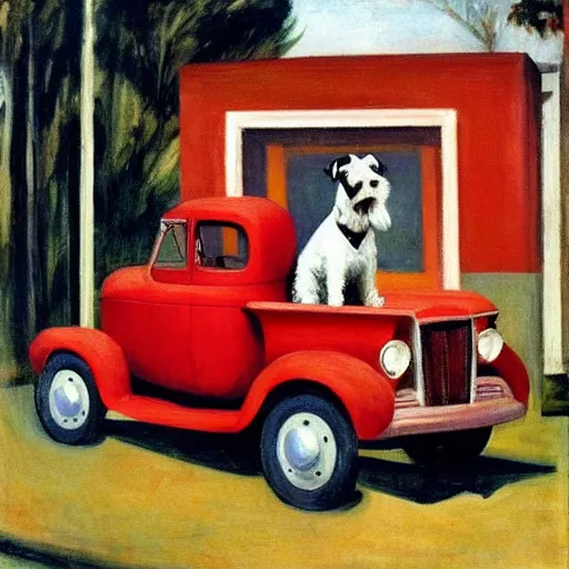 Prompt: fox terrier in the bed of a red american truck, painting by edward hopper