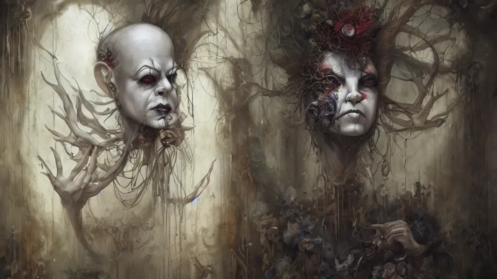 Image similar to clown portraits in cloistered alleyway dreaming of a circus wearing fedoras, in the style of peter mohrbacher by weta digital and beth cavener, high face symmetry, intricate, masterpiece, award winning, high face symmetry, intricate