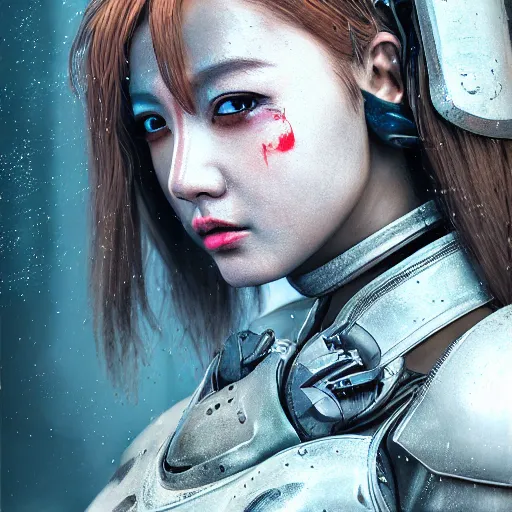 Image similar to An epic fantastic realism comic book style portrait painting of a female cyber warrior, tzuyu from twice, dieselpunk armor, long fluffy hair, porcelain pale skin, cyberpunk color raining tokyo everywhere, Concept world Art, unreal 5, DAZ, hyperrealistic, octane render, cosplay, RPG portrait, dynamic lighting