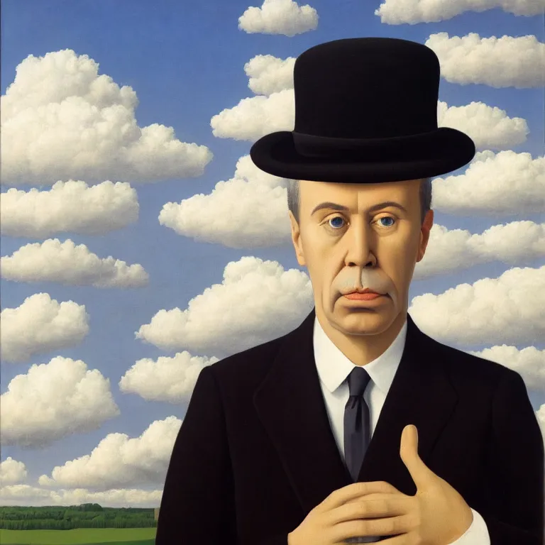 Image similar to portrait of a man made out of clouds in a suit, by rene magritte, detailed painting, hd, hq, high resolution, high detail, 4 k, 8 k