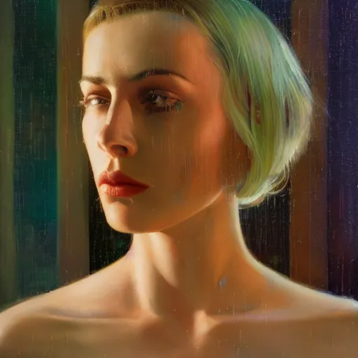 Image similar to detailed face of a woman, moment, cyberpunk cloisters, electronic billboards, tech noir, wet reflections, prism, atmospheric, ambient, pj crook, syd mead, livia prima, greg rutkowski, edward hopper