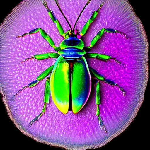 Image similar to color photoelectron microscope view of a colorful iridescent bug