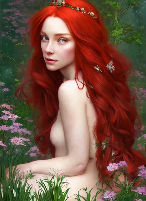 Image similar to a beautiful red haired woman as a fairy princess in a garden, deep focus, d & d, fantasy, intricate, elegant, highly detailed, digital painting, artstation, concept art, matte, sharp focus, illustration, hearthstone, art by artgerm and greg rutkowski and alphonse mucha