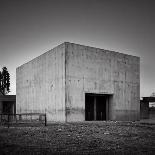 Prompt: a huge concrete building with no windows and a single door during night, dark, dirty, 4 k photography, dreary, liminal.! dream