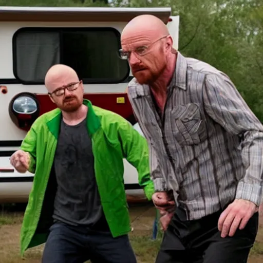 Prompt: jesse pinkman and walter white dancing on top of a caravan