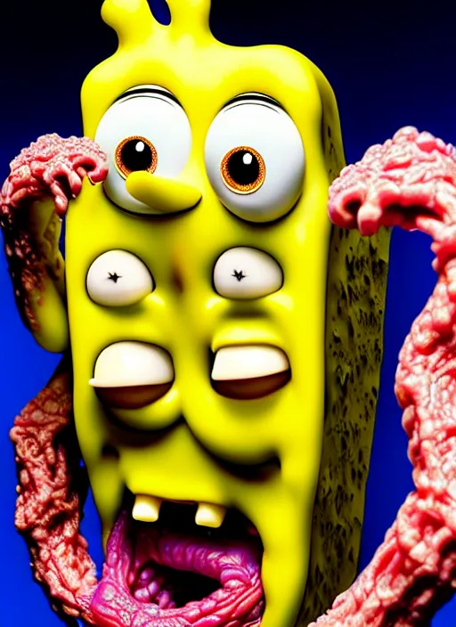 Prompt: hyperrealistic rendering, fat smooth cronenberg flesh monster spongebob face by art of skinner and richard corben and jeff easley, product photography, action figure, sofubi, studio lighting, colored gels, colored background