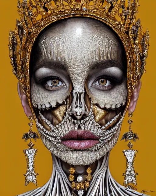 Image similar to realistic portrait of a queen of bones, dark, gold, silver ornaments, facing camera, photo realistic, detailed, 1 4 5 0, delicate, hyper realism, ultra realistic, 8 k