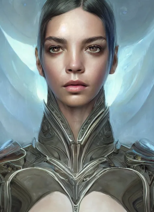 Image similar to a professional painting of a beautiful young female alien, clothed in ethereal armor, olive skin, long dark hair, beautiful bone structure, symmetrical facial features, intricate, elegant, digital painting, concept art, smooth, sharp focus, illustration, from Valerian and the City of a Thousand Planets, by Ruan Jia and Mandy Jurgens and Artgerm and William-Adolphe Bouguerea