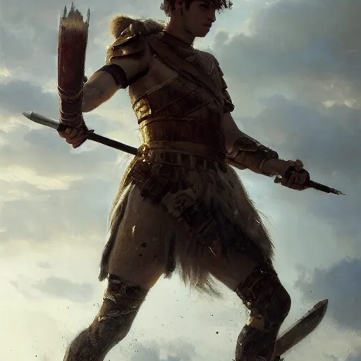 Image similar to a dramatic epic ethereal portrait of a Punic Wars soldier, full body with dynamic pose, male, detailed face, cinematic lighting, highly detailed oil on canvas painting by Greg Rutkowski, winning-award digital art trending on Artstation H 1024 W 832