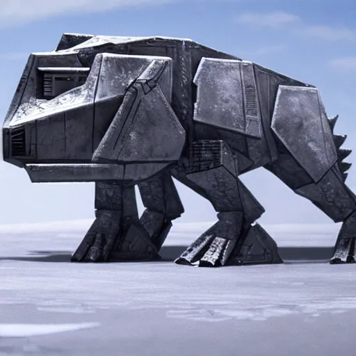 Prompt: a fusion between the tarrasque and an AT-AT, flat grey color, completely metal, imperial symbol, walking across ice planet, firing laser, hyper-realistic CG