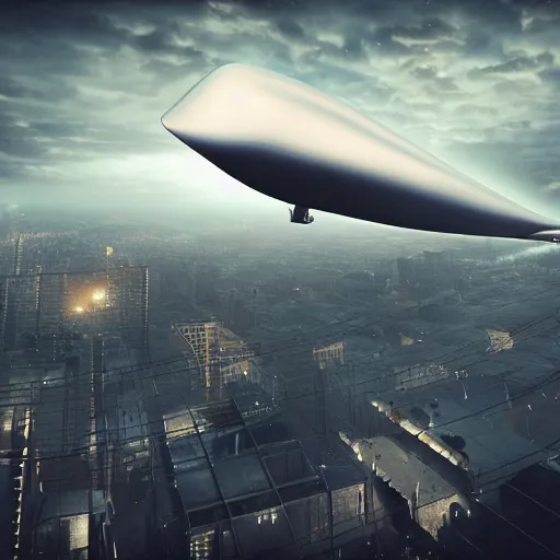 Image similar to A photorealistic 3D render of a zeppelin flying over a cyberpunk city on a cloudy night, octane render, surreal digital art