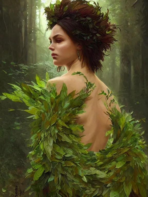 Prompt: portrait of a forest mage, female, dress made of green leaves, gorgeous, green hair, brown skin, curves, forest background, highly detailed, smooth, sharp focus, chiaroscuro, digital painting, artgerm and greg rutkowski and alphonse mucha