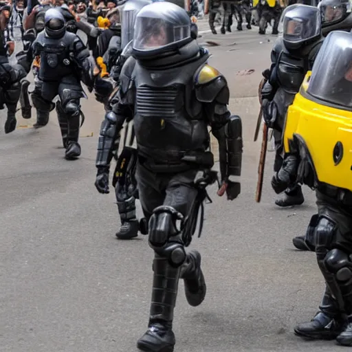 Prompt: barry bee benson flees from several riot police