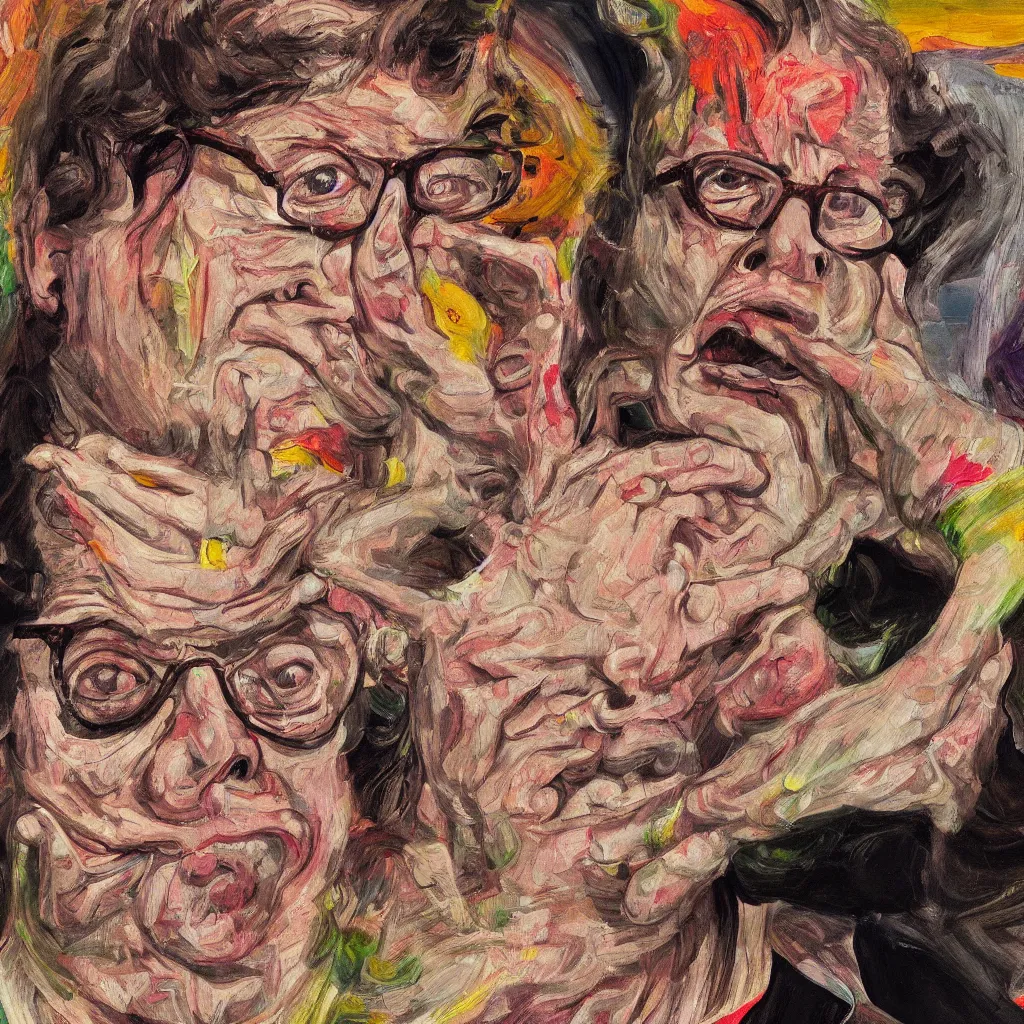 Image similar to high quality high detail painting of todd solondz portrait, tripping on lsd, showing strong fear, by lucian freud and francis bacon, hd, photorealistic lighting