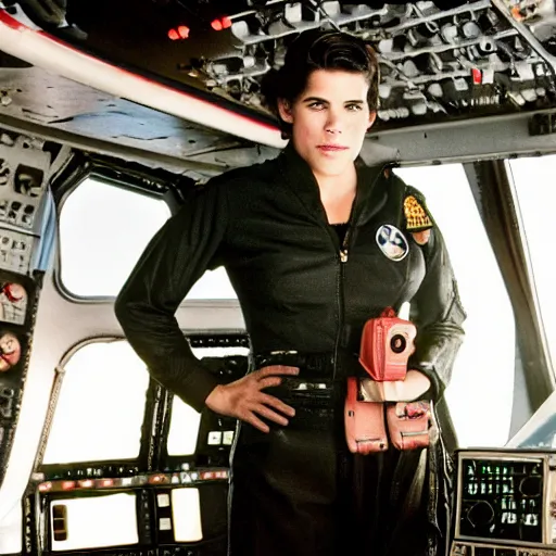 Image similar to photo of neve campbell dressed as a pilot on the flight deck of an airliner, 4 k, highly detailed.