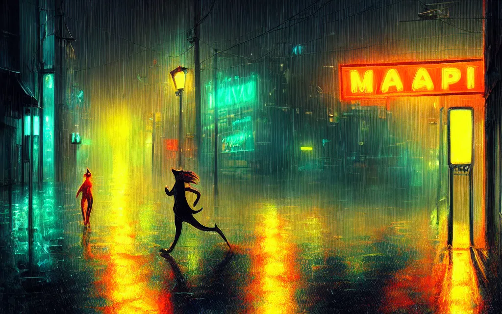 Image similar to cat running through heavy rain in a neon lit street at night by wlop, ultra detailed color art, high detail, digital art