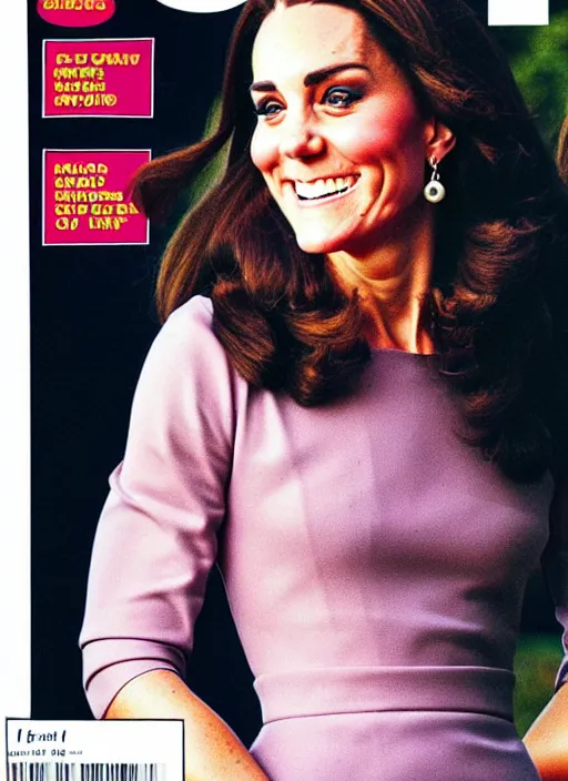 Image similar to candid photo of kate middleton as a thicc cover model in the 1980s, magazine cover.