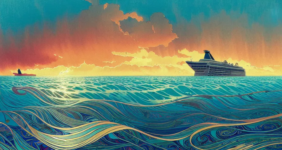 Prompt: [ palate ] [ muted colors ] psychedelic ocean waves, cruise ship 🛳 on the ocean, paisley swirls and ripples, backlit, sunset, refracted lighting, outdoors, paisley clouds in the sky, elegant, 8 k resolution, intricate and fine details, digital painting, artstation, illustration, greg rutkowski, alphonse mucha