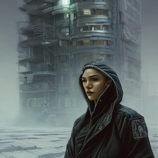 Image similar to A portrait of a cyberpunk thug on the street of Soviet sleeping quarters on the moon, Norilsk, sci-fi, fantasy, intricate, very very beautiful, elegant, highly detailed, digital painting, artstation, concept art, smooth, sharp focus, illustration, art by artgerm and greg rutkowski and alphonse mucha