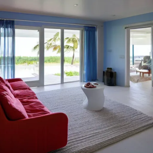 Prompt: a white interior of a house, with a bright red couch, and a blue cupboard in the background, green rug on the ground infront of the couch, and a sliding door open with the wind blowing white curtains open, and a view of a white sand beach out the door