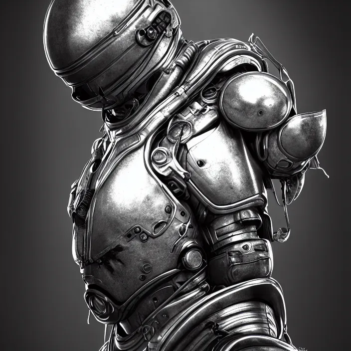 Image similar to a vertical portrait of a character in an spaceship, moon behind, by nihei tsutomu, black and white, dreamy, steampunk bioarmor, highly detailed, 3 d render, vray, octane, realistic lighting