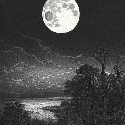 Image similar to a distant city, trees, night, full moon, clouds, chiaoscuro, illustration by Gustave Doré