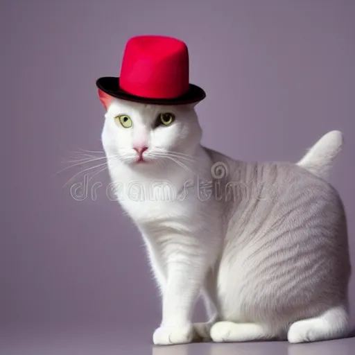 Image similar to a white cat with a hat on its head, a stock photo by Miao Fu, shutterstock contest winner, rasquache, stock photo, stylish, white background